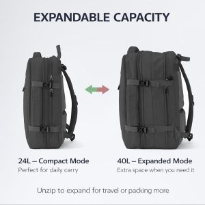 Travel Backpack, Expandable Large Capacity Business Work, Water Repellent Carry On Daypack with USB Charging Port, Fit 17 Inch Laptop, Bag for Men and Women, Black