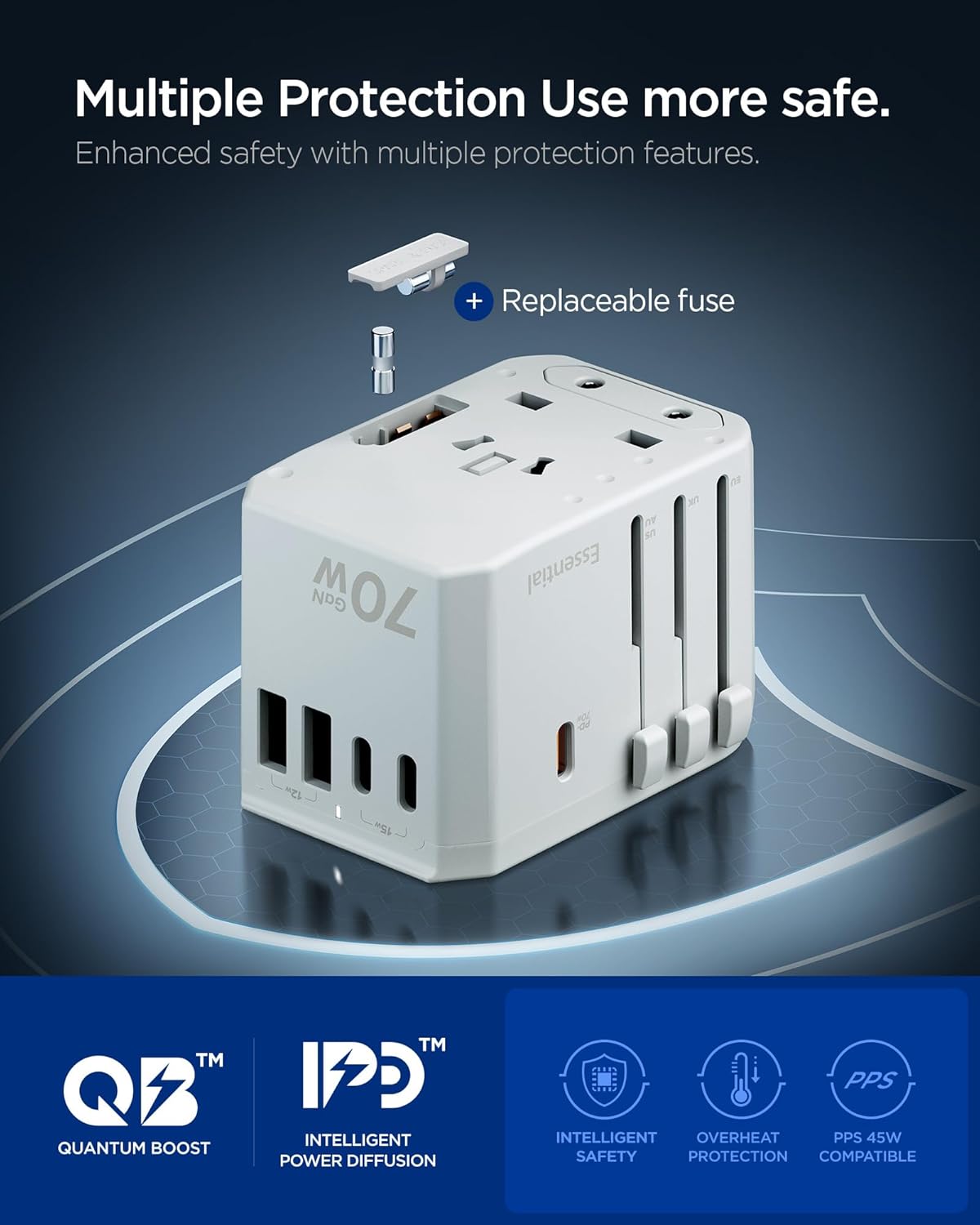 Spigen 70W Universal Travel Adapter, International AC Plug Adapter, International Travel Charger for EU UK AUS, Worldwide Travel Adapter, 2 USB-A & 2 USB-C Multiple Ports for Mobile,Dune Beige - Image 6