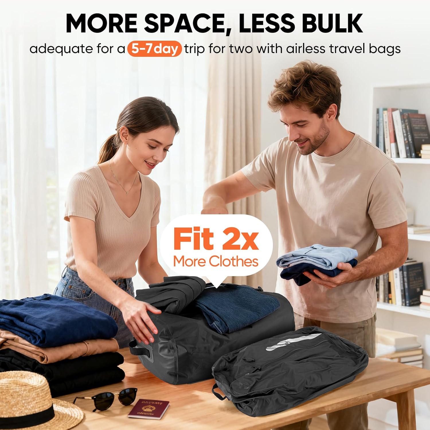 Vacuum Bags for Travel with Pump, Vacuum Packing Cubes for Travelers, Vacuum Seal Bags for Clothing, Reusable IP68 Waterproof Airless Travel Bags for Luggage, Suitcase (Black 2PC + Pump) - Image 2