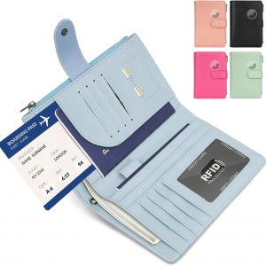 RFID Passport Holder for Women/Men Travel Gifts, Large Capacity Passport Wallet, Family Travel Documents Organizer with Card/Airtag Slots, Zipper coin pocket, Cash Holder Passport Cover Case (Blue)