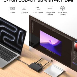 Belkin USB C Hub, 5-Port Hub w/ 4K HDMI Display @ 60Hz, 100W Power Delivery, Fast Data Transfer 10Gbps, USB C Multiport Adapter – Compatible with MacBook, iPad Pro, Chromebook, & More