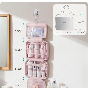 BAGSMART Travel Toiletry Bag for women, Portable Hanging Hook Makeup Bag Organizer, Waterproof Makeup Cosmetic Bag, for Full-Size Accessories, Toiletries, Dusty Rose