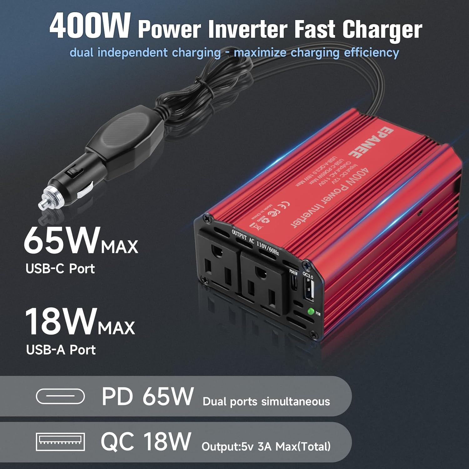400W Power Inverter 12V DC to 110V AC, Car Charger Plug in Adapter Outlet with PD 65W USB-C&QC 18W Port, Portable Power Converters for Laptop Vehicles Camping Road Trip Essentials Adults - Image 2