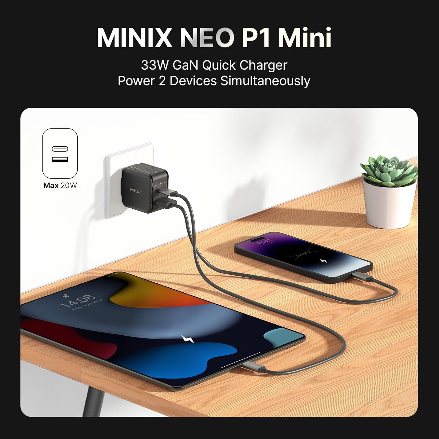 MINIX P1 Mini 30W USB C Charger, 33W PPS 2-Port GaN Charger 1 USB-C Port, 1 USB-A Port with Foldable Plug, Compatible with iPhone 8-15/16 Series, Galaxy S10-S23, Pad and More - Image 3