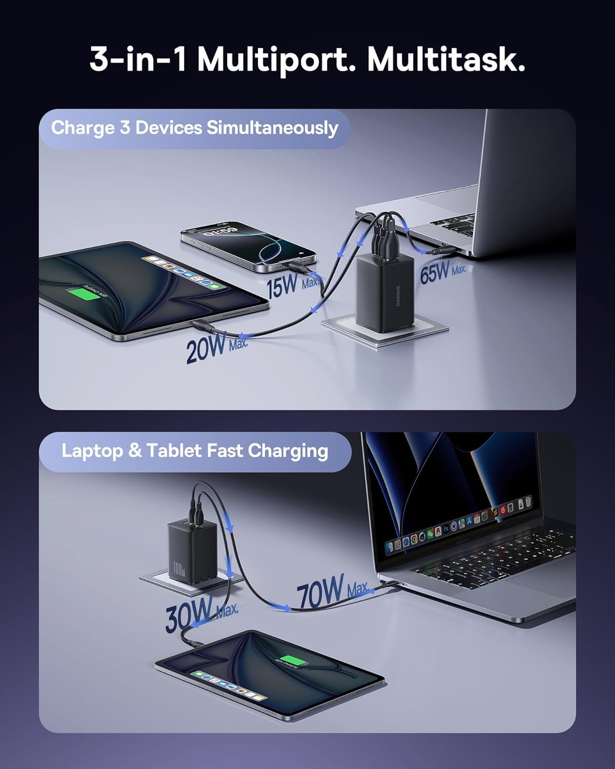 Baseus 100W USB C Charger Block, 3-Port Foldable Compact PPS Wall Charger, Fast Charging Power Adapter for MacBook Pro/Air, iPad, iPhone 17 Pro Max/Air, Galaxy S24, Steam Deck & More - Image 4