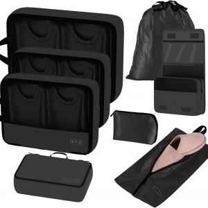 Idcymoul Ultralight Compression Packing Cubes for Travel – 8 Set Packing Cubes Compression Suitcase Luggage Organizer, Travel Essential Set with Toiletry Bag Laundry Bag (Black)