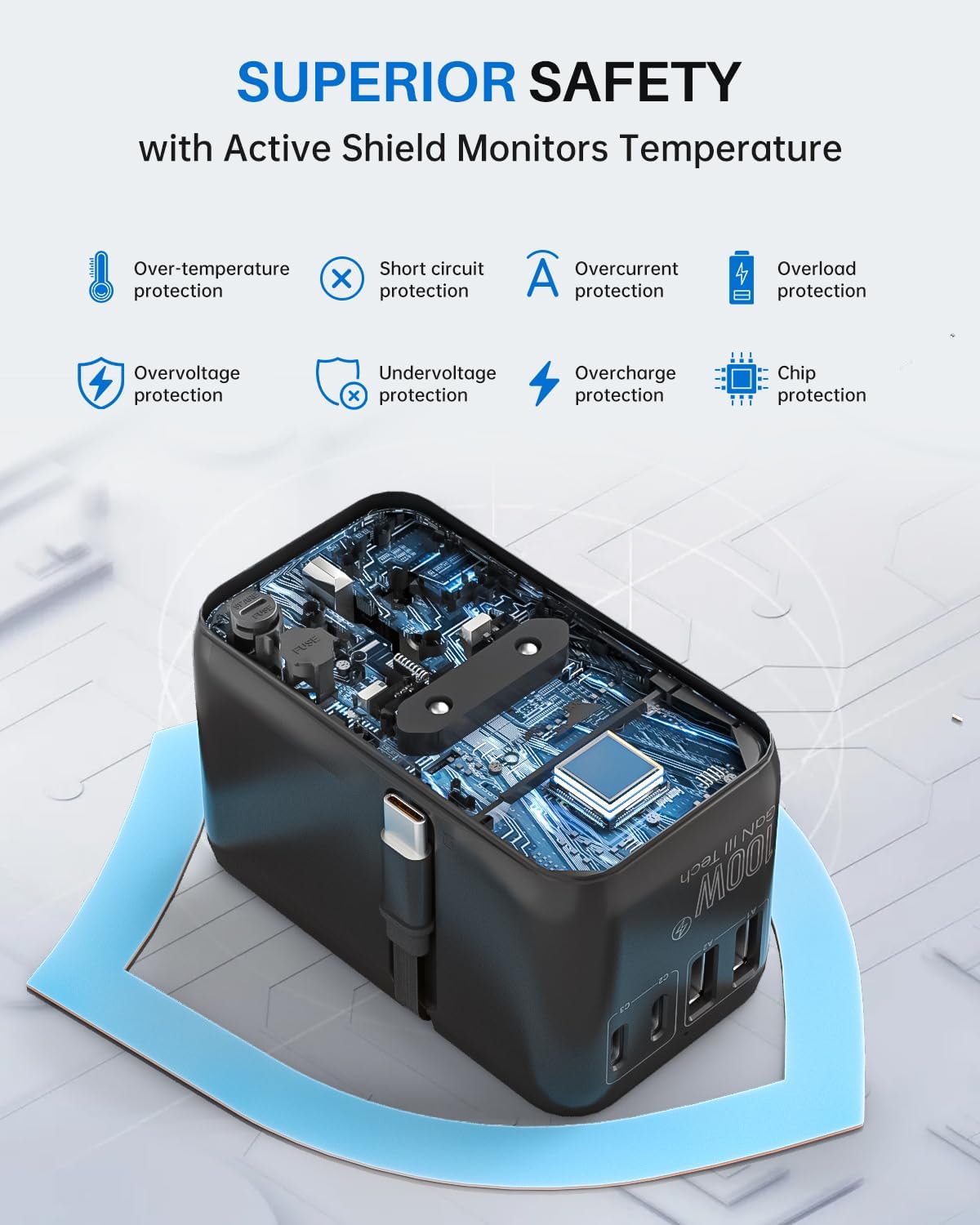 DOACE Universal Travel Adapter, 100W GaN 3.0 European Travel Plug Adapter with Built-in USB-C Cable, 6 in 1 International Power Adapter with 5 USB Ports for EU/UK/USA/AUS(Black) - Image 7