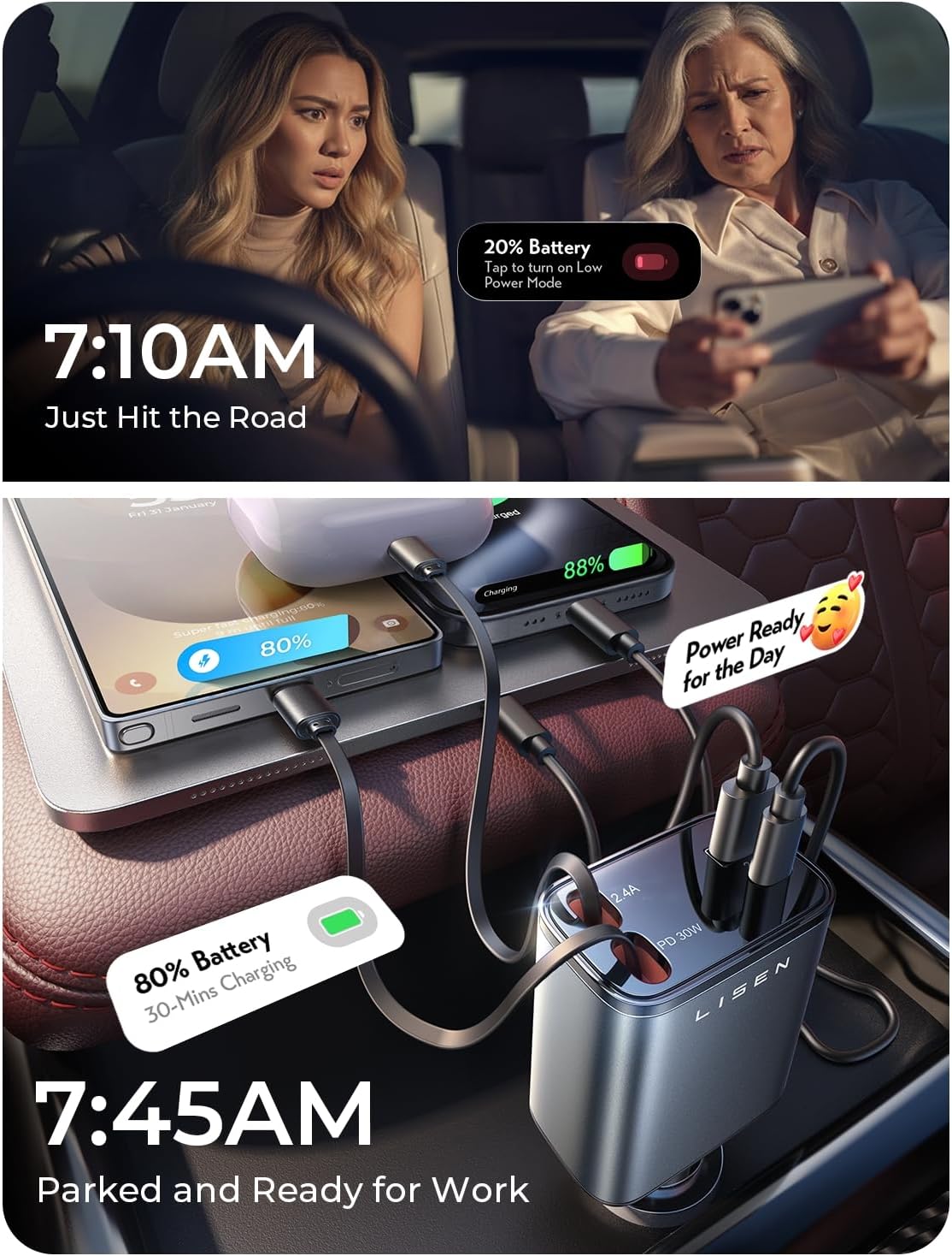 LISEN Retractable Car Charger, 69W Cars Adapter USBC Fast Charger for iPhone 17 16 Pro Max, Car Accessories for Valentines Day Gifts for him Her Birthday Gifts for Men Women 2026 Tech Gadgets for Men - Image 5