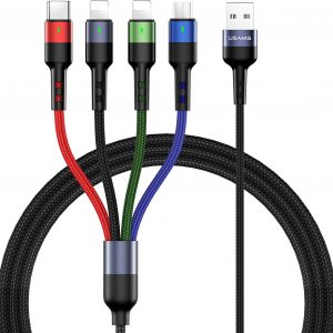 USAMS Multi Charging Cable 2Pack 4FT 4 in 1 Nylon Braided USB Fast Charging Cord Adapter Type C Micro Port Compatible Cell Phones Tablets and More