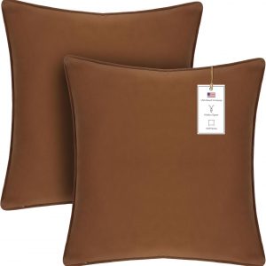 A1HC Set of 2 Luxurious Fine Soft Velvet Throw Pillow Covers Only, for Sofas, Beds, Vibrant Colors and Hidden Zipper. Enhance Your Living Space with Decorative Couch Pillow 20″x20″, Burnt Caramel