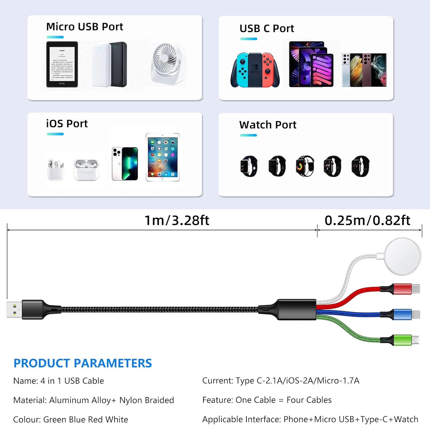 Travel Essentials 4 in 1 iWatch & iPhone Charger,Multi Charging Cable for Apple Watch Charger USB C Micro Nylon Compatible with iWatch Ultra/SE/10/9/8/7/6/5/4/3/iPhone 16/15/14/13 Galaxy Phone(4FT) - Image 4