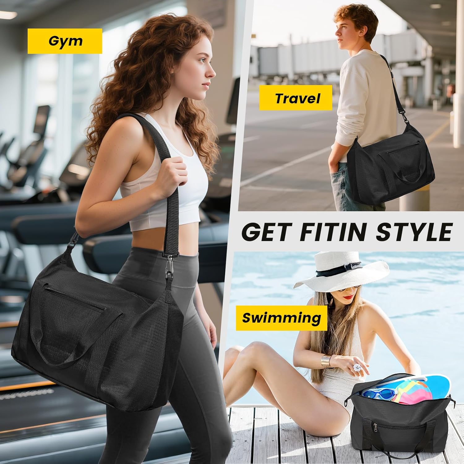 Vorspack Small Gym Bag - 18 Inches Duffle Bag for Travel Lightweight Duffel Bag for Men Women Personal Item Bag Weekender Bag for Travel Sports Gym - Black - Image 6