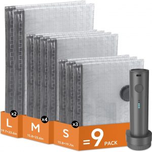 Travel Vacuum Bags with Wireless Charging Air Pump, 9 Pack Vacuum Seal Bags with 3 Sizes for Clothing Travel, Space Saver for Luggage, Business Trip, Home Storage