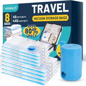 Vacuum Storage Bags for Travel, 8 Pack (4S+4XS) Vacuum Seal Bags with Wireless Rechargeable Electric Pump, Travel Essentials Space Saving Compression Bag for Clothes, Luggage, Suitcase, Backpack, Trip