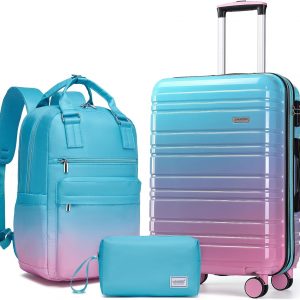 LARVENDER Carry on Luggage 22x14x9 Airline Approved Hardshell Suitcase with Wheels TSA Lock, PC+ABS Lightweight Suitcase Set for Women with Travel Backpack, Cotton Candy, 3 Piece Set