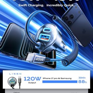 LISEN 90W for iPhone 17 16 15 Pro Max Car Charger USB C Fast Charge,Super Fast for iPhone 15 16 17 Pro Car Charger Type C Adapter for iPhone 17 16 15 Air ProMax Plus,Samsung Galaxy S25,Pixel, Android