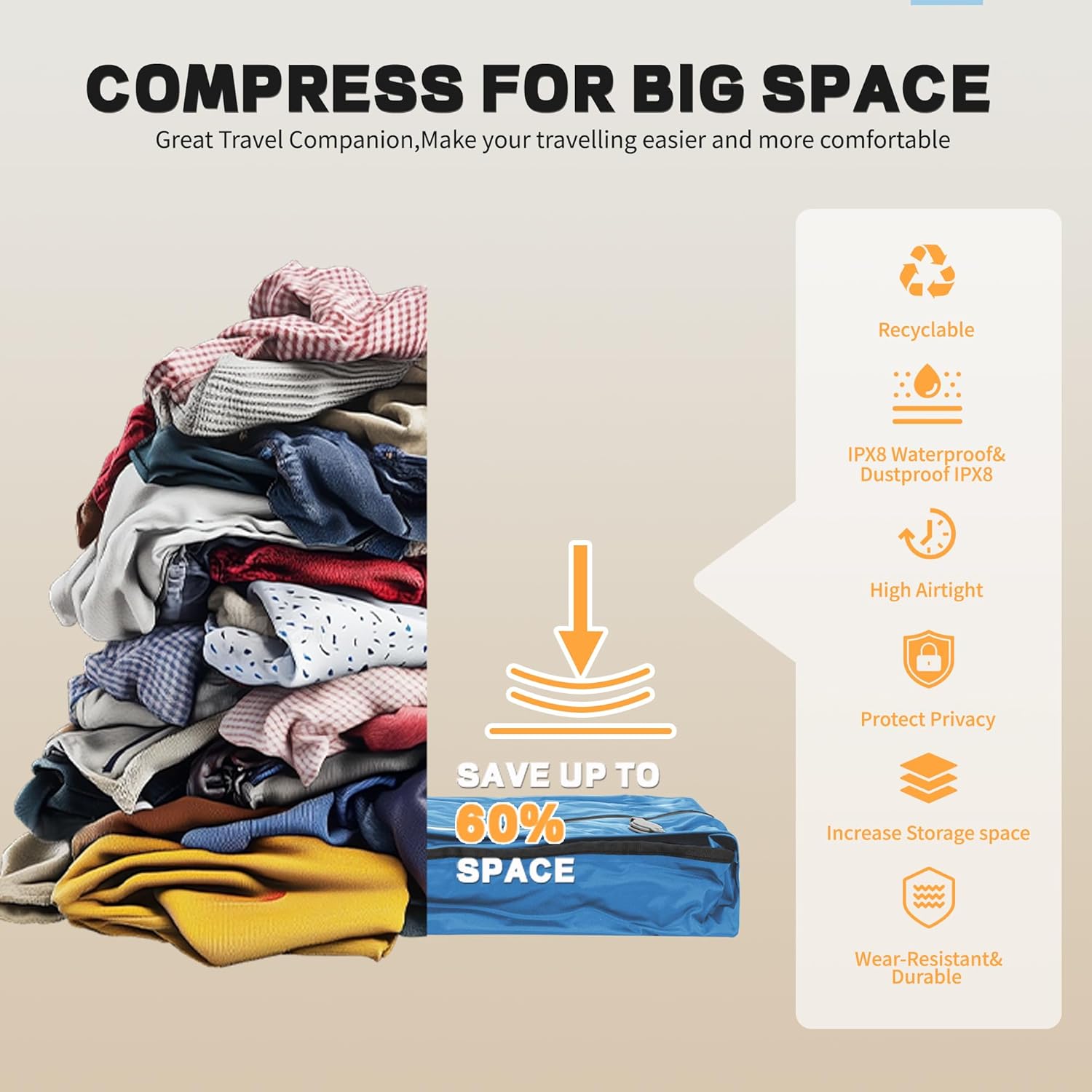 Reusable Vacuum Bags for Travel With Pump,Professional Waterproof IPX8 Vacuum Compression Bag for Suitcases Backpack,Space Saver Bags Packing Organizers for Clothing Packing(2PACK+PUMP) - Image 5