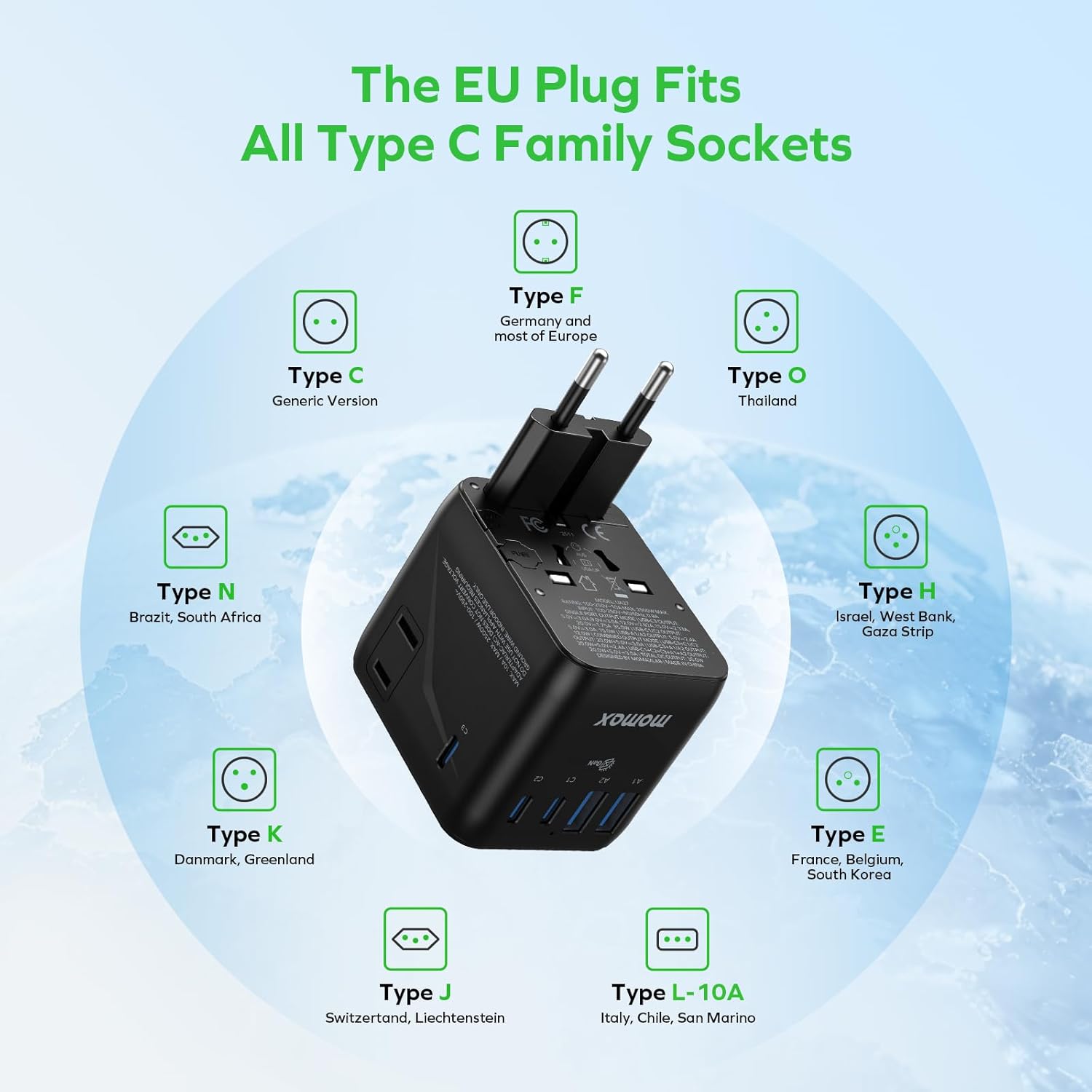 MOMAX 7-in-1 Universal Travel Adapter, 3 USB-C PD & 2 USB-A QC, 2AC, All-in-one European Travel Plug Adapter, International Power Adapter for Travel UK EU AUS JP, Travel Essentials - Image 6