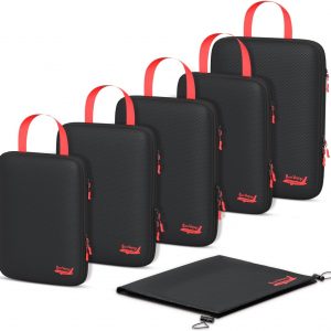 6 Set Compression Packing Cubes for Travel, 3 Sizes (5+1) for Carry-On Travel, Waterproof Compression Packing Cubes Set with Laundry Bag & Luggage Organizer (Black)