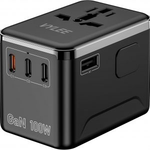 Universal Travel Adapter, PD100W GaN International Power Adapter with 3 USB C and 1 USB A Charging Ports, All in One Power Outlet, Worldwide Plug Adapter for US to European Europe UK AUS Ireland