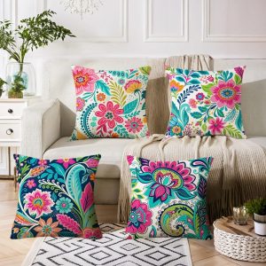 LSMIAO Set of 4, Floral Throw Pillow Covers 18×18 inch, Set of 4, Decorative Paisley Pattern, 100% Polyester with Hidden Zipper