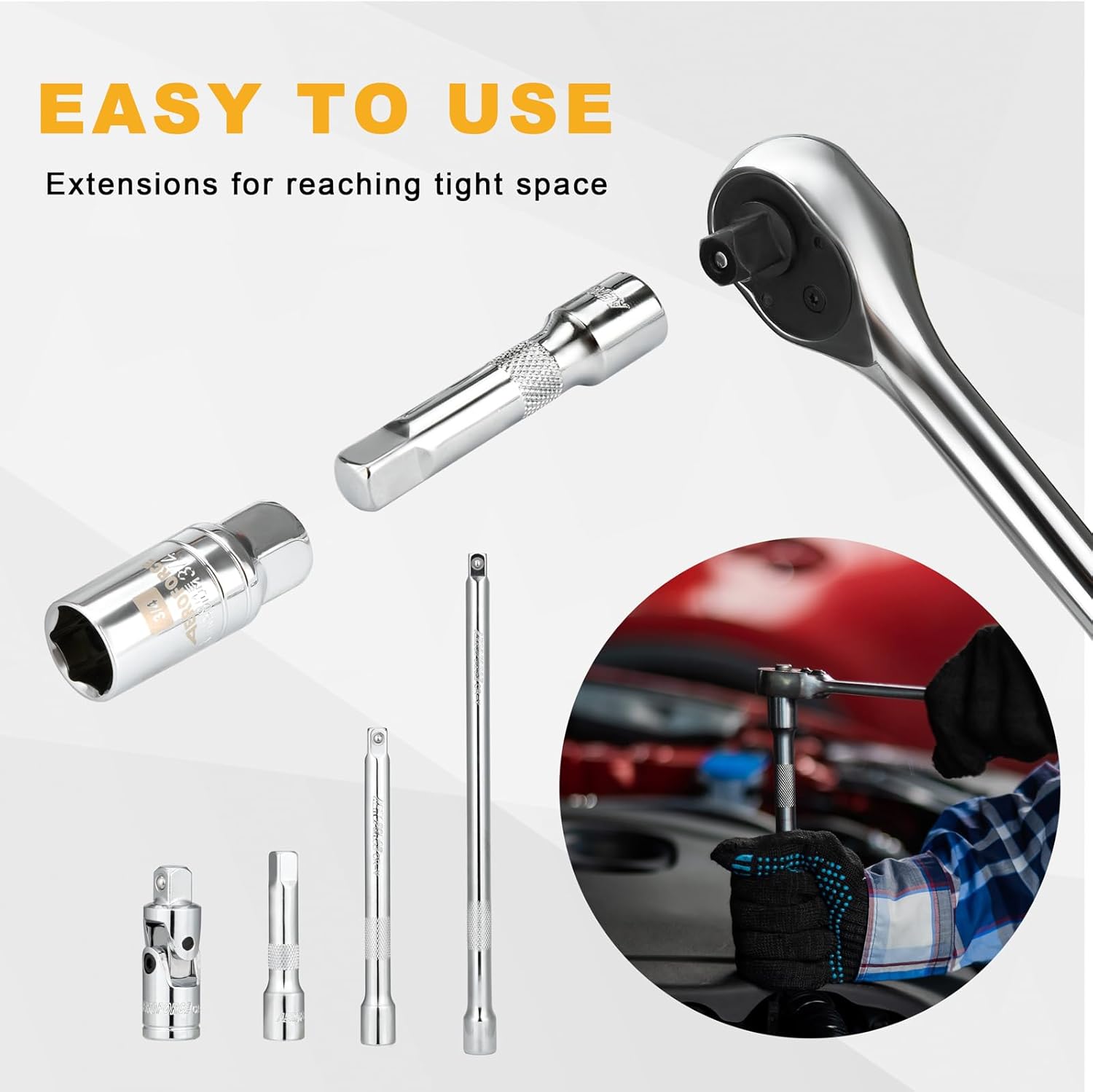 AEROFORCE 12PCS 3/8" Drive Spark Plug Socket Set with Ratchet Handle, Universal Joint, Extension Bar & Spark Plug Gapper, Fits 9/16", 5/8", 3/4", 13/16", 14mm, 18mm, CR-V Steel with Rubber Holder Ring - Image 6