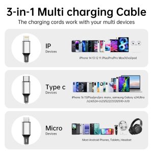 Multi USB Charging Cable 3A, 3 in 1 Fast Charger Cord Connector with Dual Phone/Type C/Micro USB Port Adapter, Compatible with Tablets Phone 12 11 Pro 8 7 6 Samsung Galaxy (4FT/2Pack Charging Only)