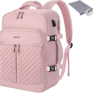 MOSISO 40L Travel Backpack for Women, Rhombus Quilted Flight Approved Carry on Daypack with USB Charging Port&Drawstring Bag, 17-17.3 inch Laptop Backpack for Office Work Travel Essentials, Pink