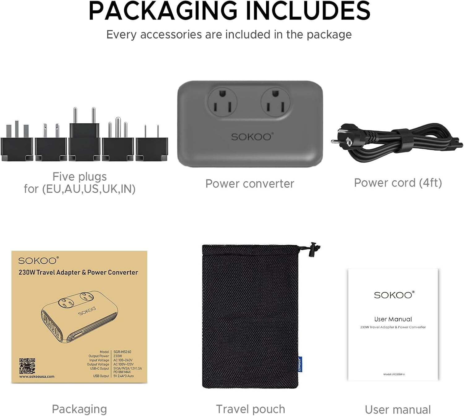 SOKOO 230-Watt Step Down 100-220V to 110V Voltage Converter, International Power Converter/Travel Adapter- Use for EU/UK/AU/US/India More Than 150 Countries, USB Quick Charger 3.0 Grey - Image 6