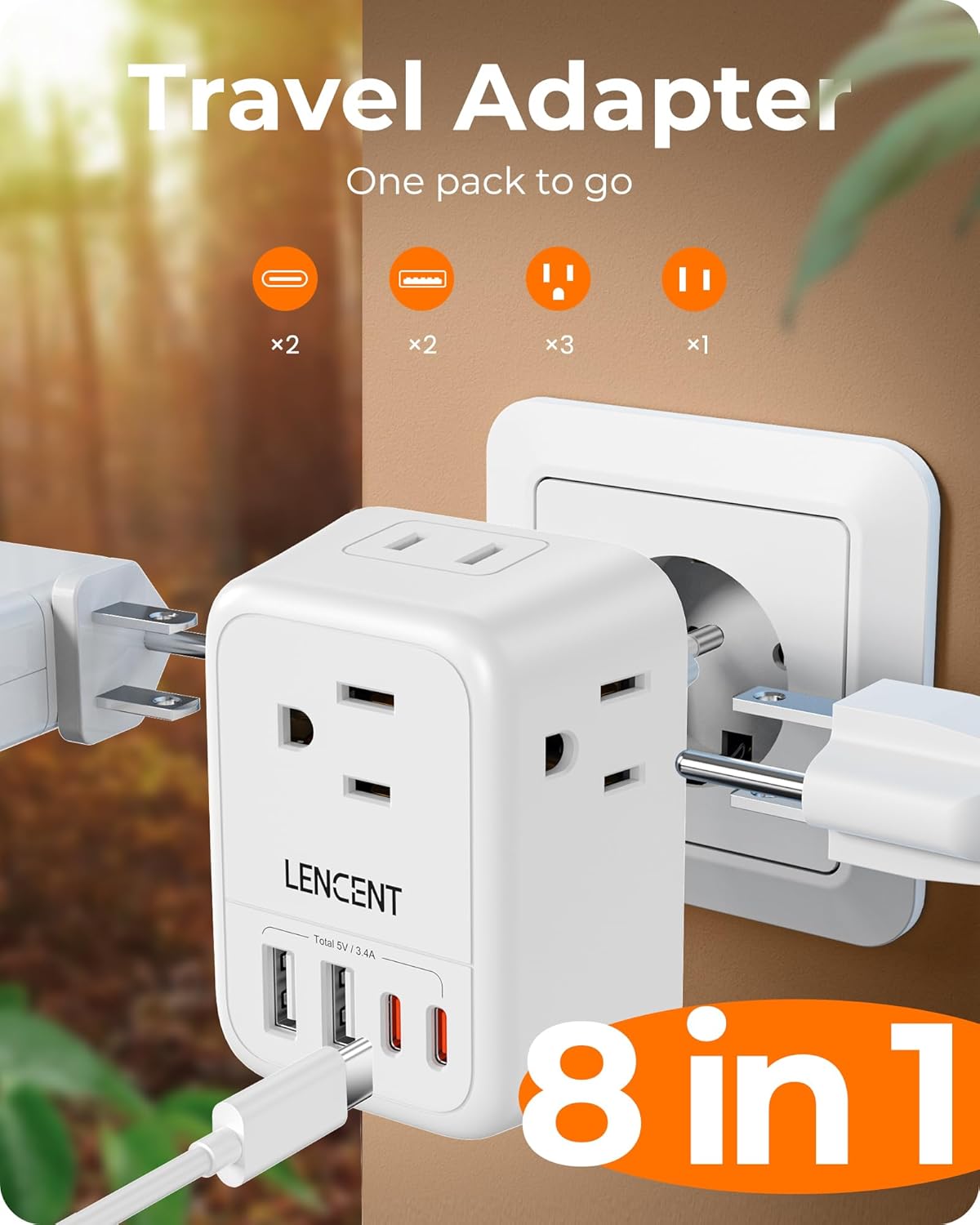 LENCENT Germany France Travel Power Adapter, Schuko Type E/F Plug Converter with 4 Outlet, 4 USB Charger(2 Type C) Adaptor, US to EU Spain French German Greece Norway Iceland Korea Russia Portugal - Image 3