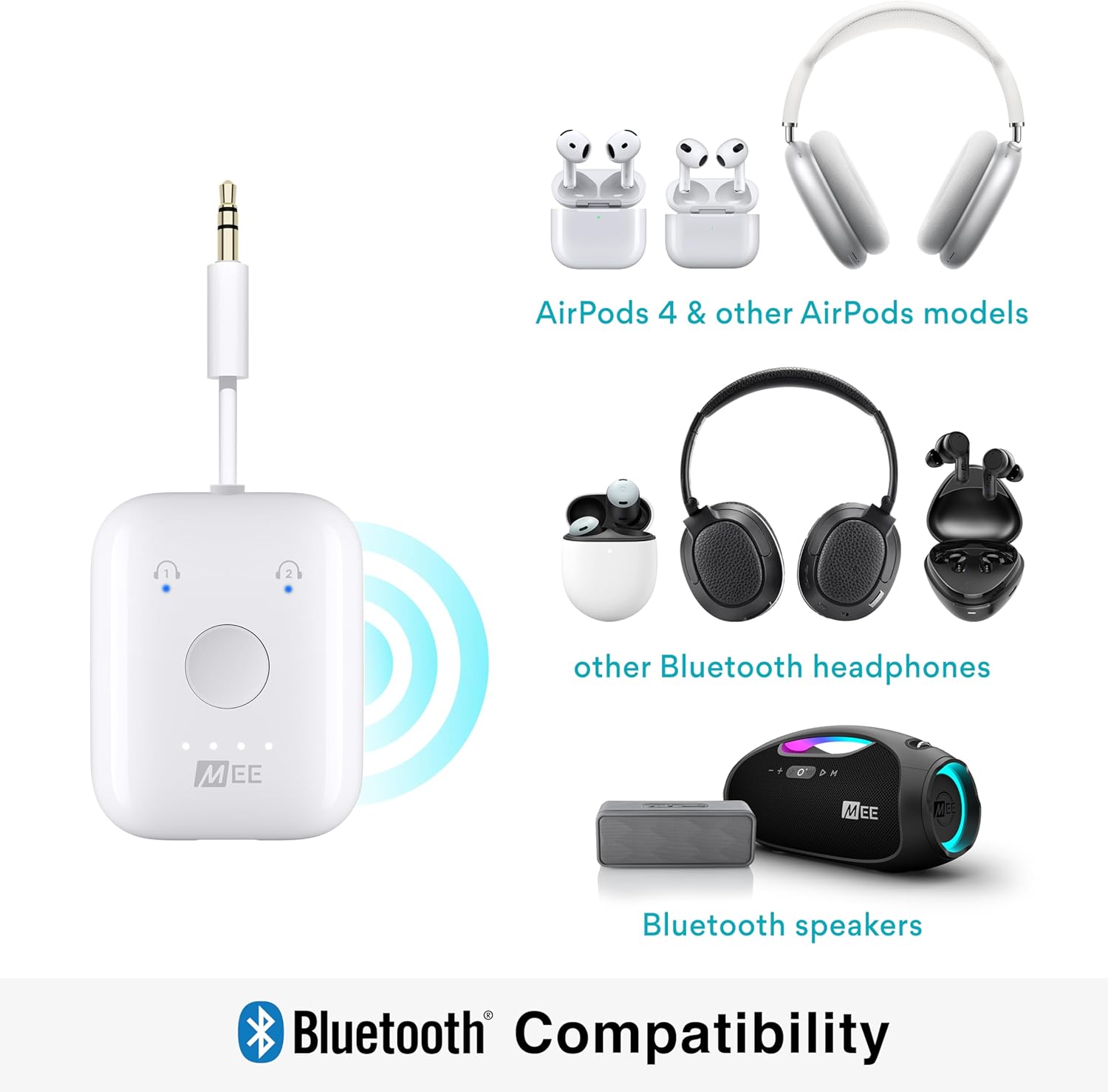 MEE audio Connect Air (2 PACK) in-Flight Bluetooth Wireless Audio Transmitter Adapter for up to 2 AirPods/Other Headphones; Works with All 3.5mm Aux Jacks on Airplanes, Gym, TVs, & Gaming, Black&White - Image 6