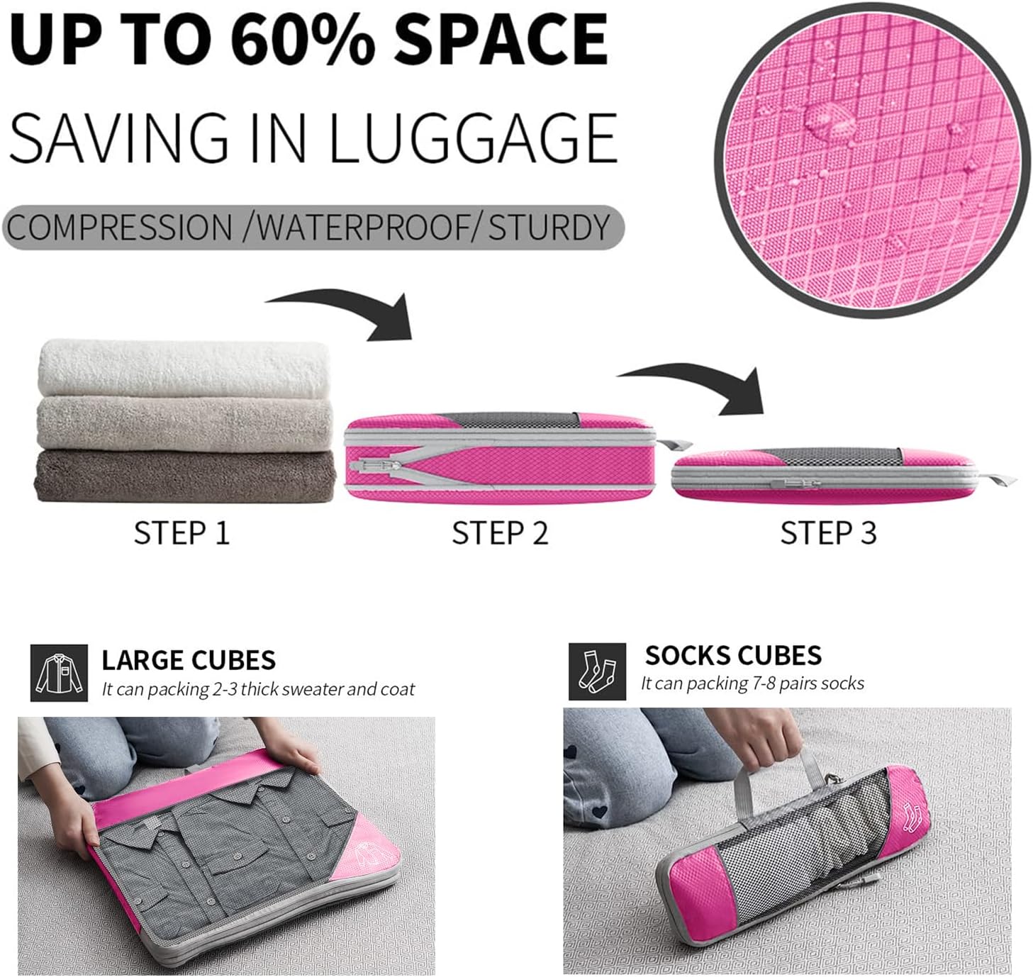 9-Set Packing Cubes with Hanging Bag | 9-Size Combination, Mesh Fabric & Reflective Stripe | Travel Luggage Organizers (Pink) - Image 4