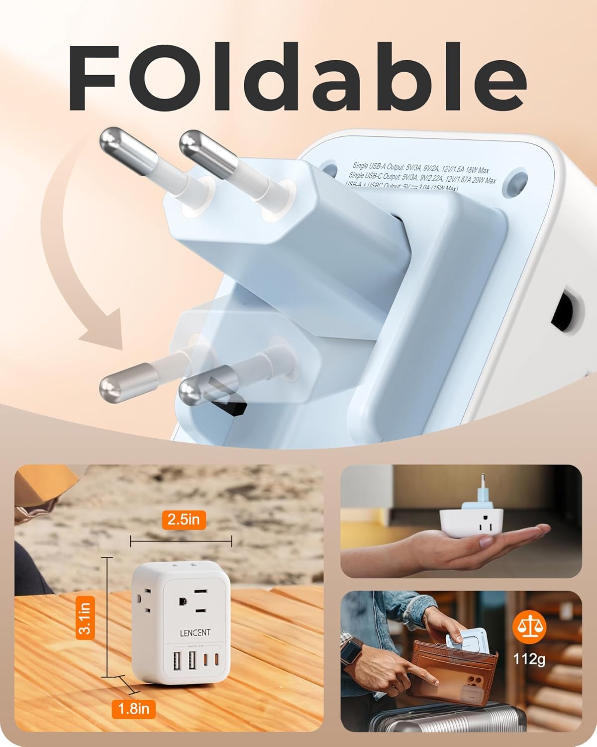 LENCENT 2 Pack European Travel Plug Adapter, Foldable US to Europe Plug Adapter with 4 Outlets, 4 USB Charger Adapter, Type C Power Adaptor for USA to Italy Spain France Portugal Iceland Germany - Image 3