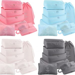 PercyEffie 28 Set Packing Cubes for Travel Luggage Organizer Bags Foldable Travel Organizers with Mesh Shoe Bags Toiletry for Suitcases Family Trips Camping (Beige Gray Pink Light Blue)