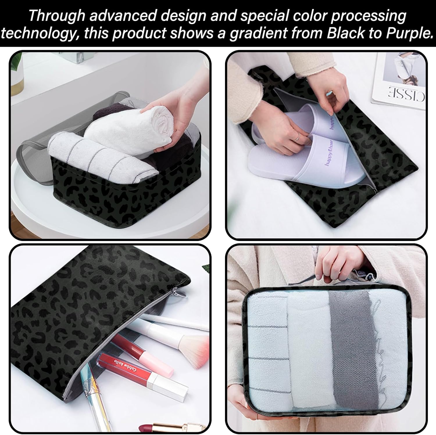 BHAHB 7 Set Packing Cubes Travel Luggage Organizers for Suitcase Travel Accessories with Shoe Bag for Women Girls Aesthetic Cute-Black Leopard Cheetah Pattern - Image 4