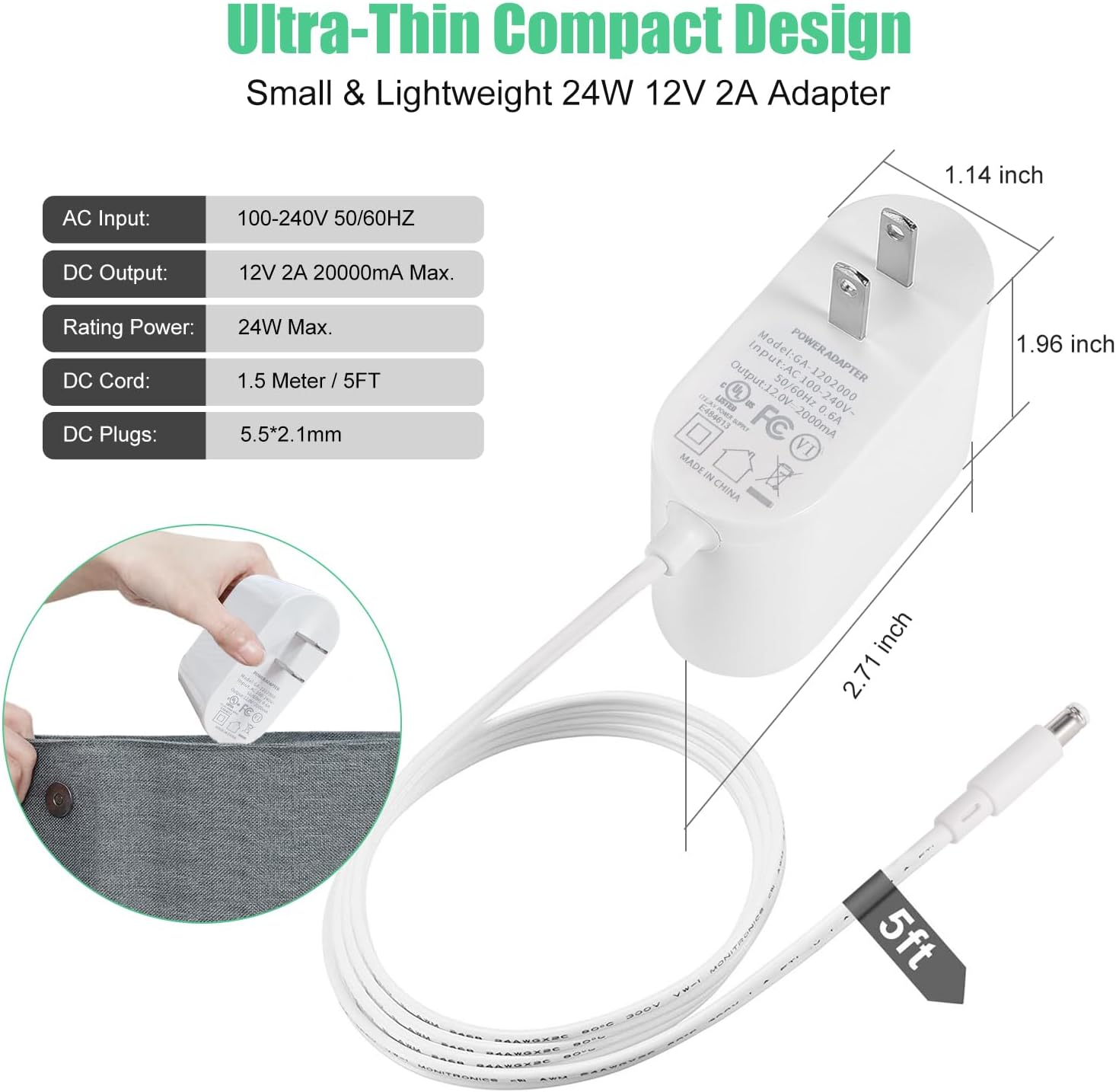 Wefomey 12V 2A Power Supply Adapter, UL-Listed, 240V AC to 12V DC Adapter Transformer, 12 Volt 2 Amp 24W Wall Charger for LED Strip Lights, Security Camera, 5.5x2.1mm US Plug - Image 2