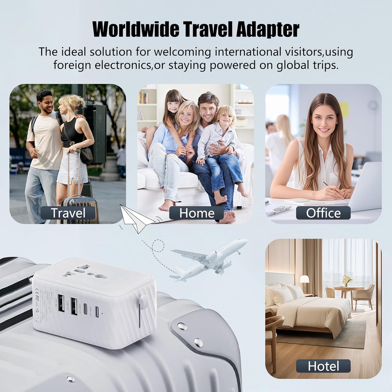 Universal Travel Adapter - Worldwide Power Plug Converter for US, UK, EU, AU with Type-C & USB-A Ports - European Travel Plug Adapter, International Power Adapter (White) - Image 8
