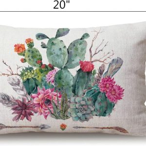 Solekla Watercolor Cactus with Flowers Lumbar Throw Pillow Cover 12×20 Inch Decorative Bedroom Living Room Rectanglar Cushion Case for Bed Sofa Couch