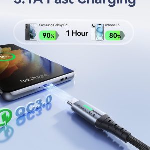 INIU USB to USB C Cable, [3 Pack, 6.6FT+1.6FT] 3.1A Type C Cord Fast Charging, Nylon USB A to USB-C Android Charger Cable for Samsung Galaxy S24 S23 S22 S21 S10 S9 iPhone 16 15 Pro Pixel 9 8 7 etc.