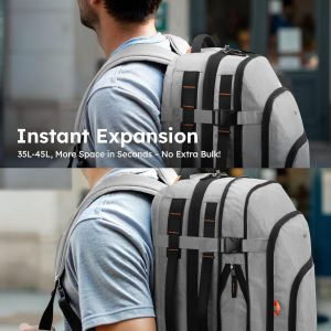 Tolaccea Travel Backpack, TSA Friendly Flight Approved Carry-on Luggage Durable Large Laptop Bag Daypack Fits 15.6 Inch Computer, Water-resistant Business Rucksack, 35-45L Expandable – Grey
