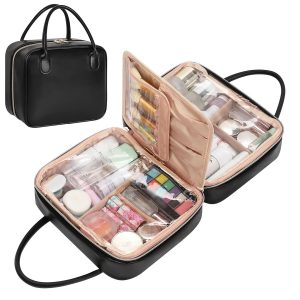 Travel Makeup Bag, Large Capacity Cosmetic Bag, Portable Make Up Bag Organizer for Women, Waterproof Cosmetic Travel Bag with Dividers and Brush Compartment for Cosmetics & Toiletries