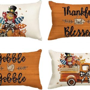 AVOIN colorlife Thanksgiving Gobble Turkey Harvest Throw Pillow Covers, 12 x 20 Inch Thankful and Blessed Fall Truck Pumpkin Cushion Case for Sofa Couch Set of 4