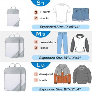 Compression Packing Cubes, 5 Set Packing Cubes for Travel Compression, Lightweight Compressible Package Organizer for Carry On and Suitcases, Light Grey