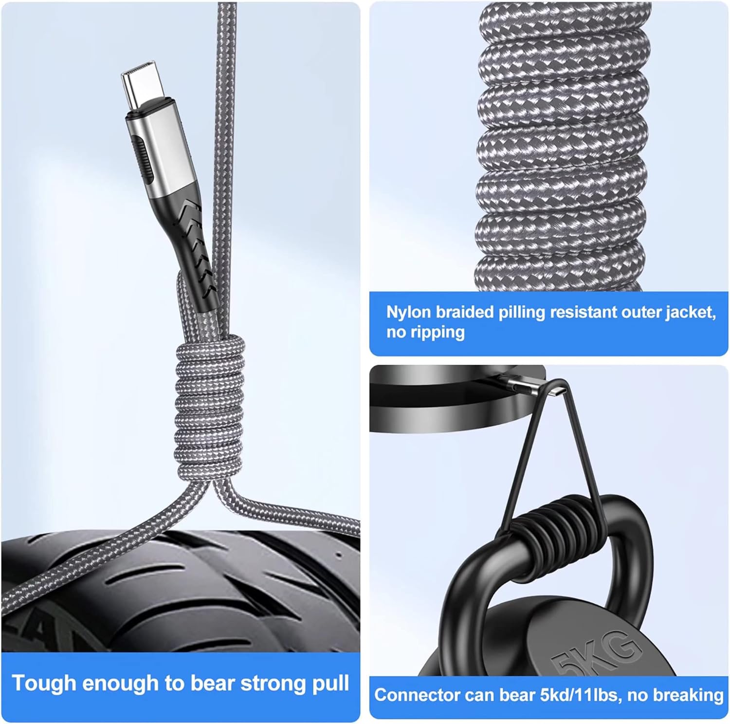 Durcord USB C Cable, Upgarded 2Pack 10ft Fast USB Type C Charging Cable for Android/Phone/Pad/Laptop, Type C Charger Braided USB Cable Compatible withi Phone 17/16/15/Pro/Plus/Max/Sam.Sung-Silver - Image 4