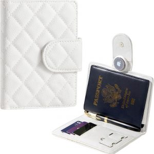 Passport Holder for Travel RFID Passport Holder with Airtag Compact Leather Passport Cover Case with Card Holders SIM Slots Passport Wallet for Women Men Airport Essentials Gift
