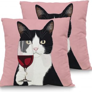 Tudguiloae Set of 2 Throw Pillow Covers 18×18 Inch, Decorative Pillows Covers for Couch, Cute Cat Holding Glass Short Plush Pillow Case with Hidden Zipper Perfect for Sofa Living Room and Bed