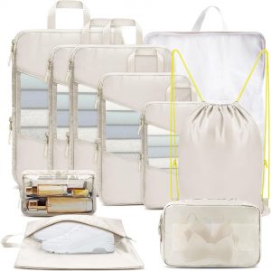 10 Set Compression Packing Cubes for Travel, Suitcase Organizer Bags Set for Travel Accessories, Lightweight Essentials, Beige