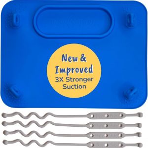 BUSY BABY Silicone Mat – New and Improved Suction Cups, 4 Straps to Secure Baby Essentials, Self Feeding, Baby Led Weaning, Travel Sleeve Included (Blue)