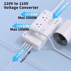 TREVOLTY 2000W Voltage Converter US to Europe for Hair Dryer, 220V to 110V Converter for European Travel with 3 AC 2 USBC 2 USBA Ports, European Travel Plug Adapter with Type C/G/I/L Power Plug