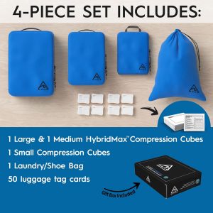 4-Piece Luxury Compression Packing Cubes & Bags for Travel – Maximize Space in Luggage with HybridMax Double-Capacity Design, 50 Luggage Tags, Patented Suitcase Organizer Bags, Lifetime Satisfaction